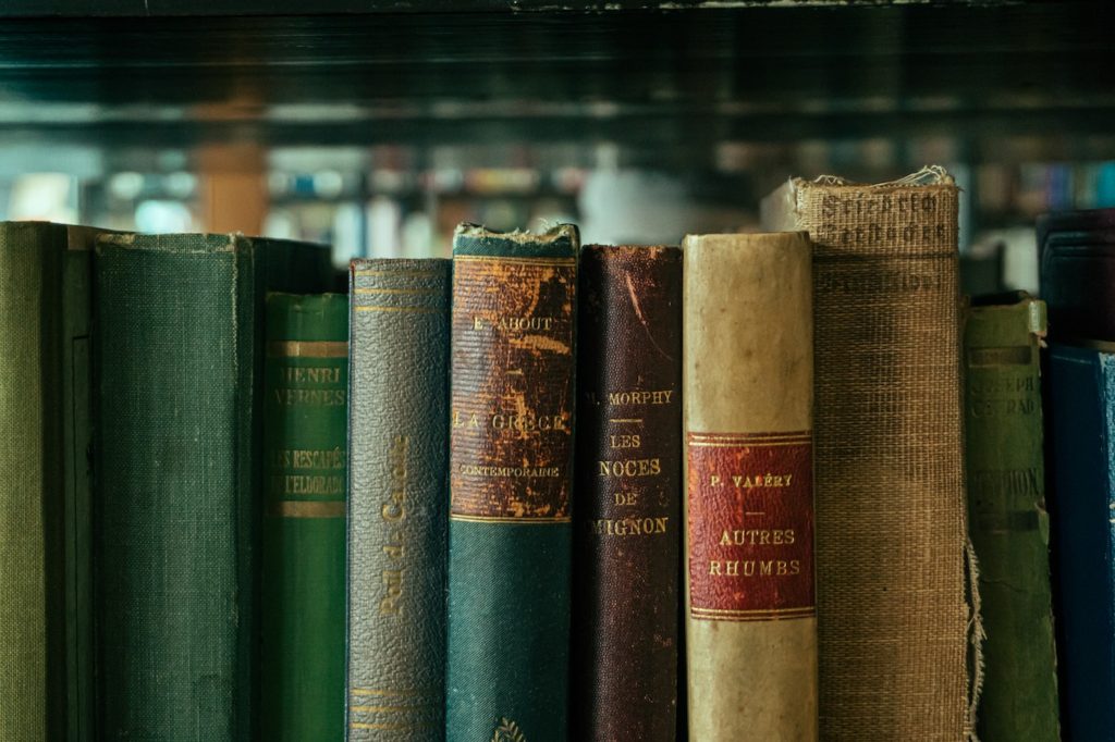 a library shelf with multiple books in muted greens and browns. The book names and authors are in French.